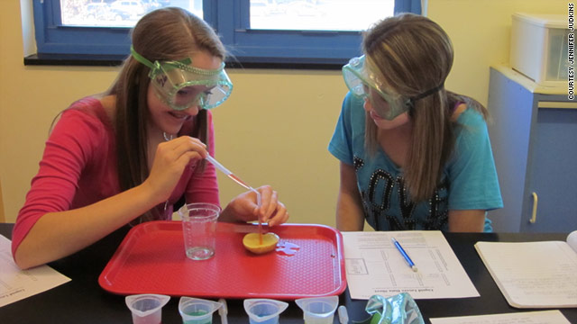 Brittany Abbott and Laura Keller's teacher often buys materials for experiments at their Wilmington, Massachusetts, school.