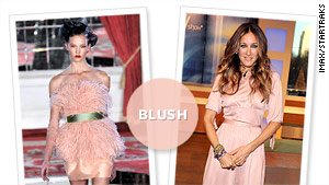 Find a blush-colored dress or blouse with embellishments such as paillettes or beading.