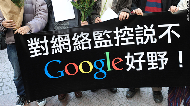 Google users in Hong Kong hold a banner saying, "Say no to Internet censorship: Google, well done!"