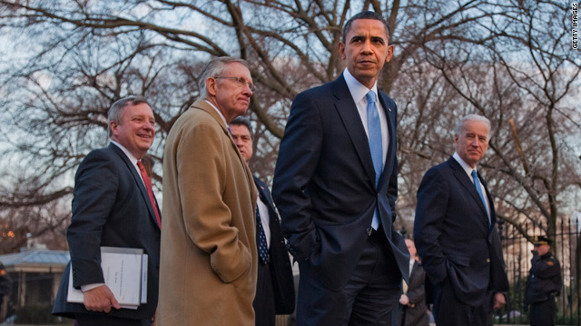President Obama walks with Senate Majority Whip Richard Durbin, Senate Majority Leader Harry Reid and Vice President Joseph Biden as they return to the White House after health summit.
