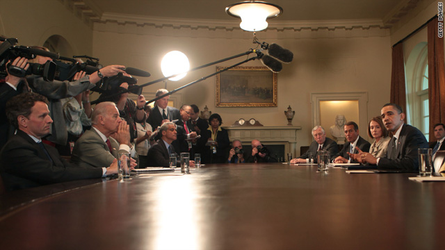 President Obama meets with Congressional leadership in the Cabinet Room of the White House on April 14.