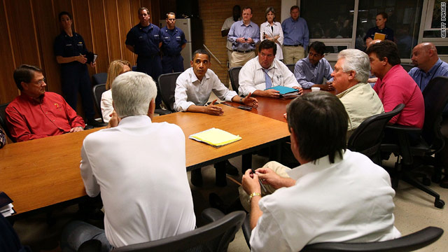 President Barack Obama meets with officials about the Gulf oil disaster in Grand Isle, Louisiana, last month.