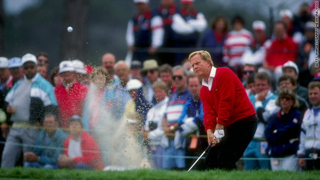 Jack Nicklaus hits a shot out of the bunker at the 1992 U.S. Open at Pebble Beach, California.