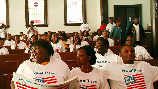 College students on the NAACP's "Vote Hard" bus tour visit Brown Chapel AME Church in Selma, Alabama, in 2008.