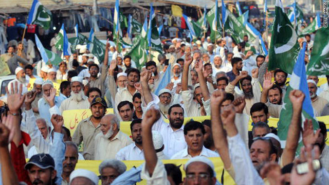 Activists of Jamaat-i-Islami fundamentalist party at a 2009 protest in Karachi of U.S. drone attacks in Pakistani tribal areas.