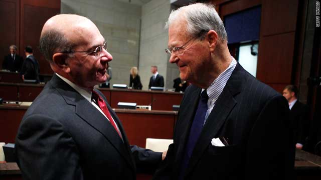 Retired Navy Adm. Vernon Clark, left, talks with Rep. Ike Skelton, chairman of the House Armed Services Committee.