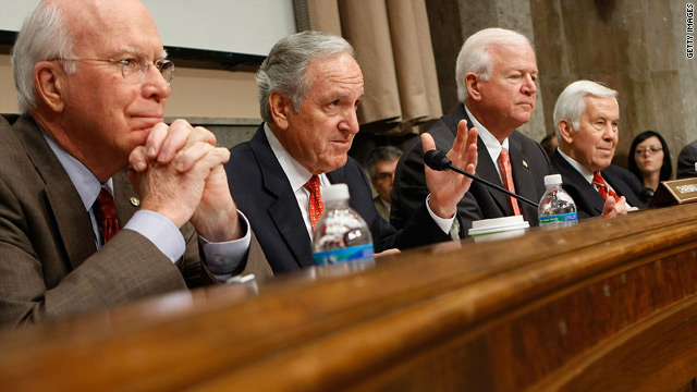 Sen. Patrick Leahy, far left, attends a committee meeting in January. Sen. Richard Lugar is on the far right.