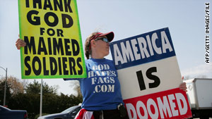 A member of the Westboro Baptist Church protests outside a Veterans Affairs hospital in Maywood, Illinois, in 2006.