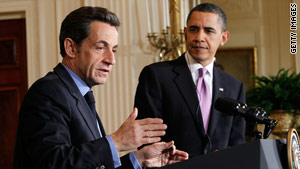 French President Nicolas Sarkozy, left, and President Obama hold a joint news conference after their meeting on Tuesday.