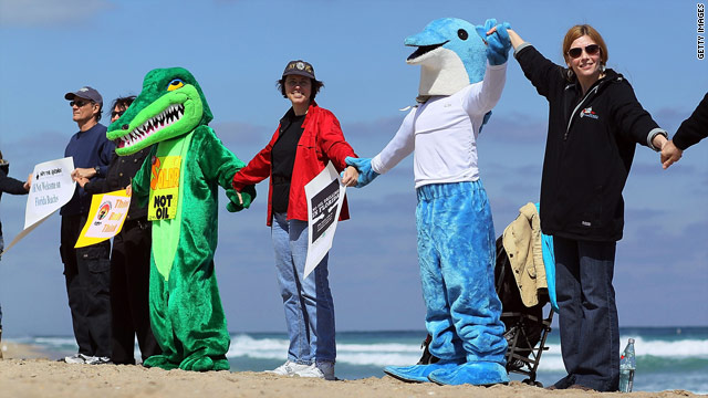 Demonstrators opposed to offshore drilling near Florida protest in Fort Lauderdale, Florida, in February.