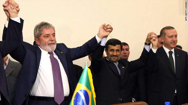 Brazilian President Luiz Inacio Lula da Silva, Iranian President Mahmoud Ahmadinejad and Turkish Prime Minister Recep Tayyip Erdogan broker a nuclear deal.