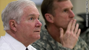 Defense Secretary Robert Gates, left, and Gen. Stanley McChrystal confer in Kabul, Afghanistan, in March.