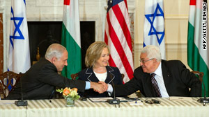 Hillary Clinton, shown with Benjamin Netanyahu, left, and Mahmoud  Abbas in Washington this month, will be in the Mideast this week.