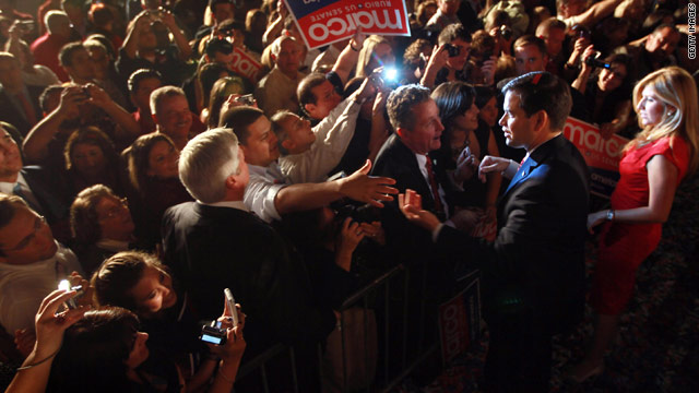 Florida Senate-elect Marco Rubio celebrates his win for the Republican party after Tuesday's midterm election.