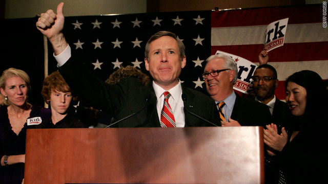 Republican Illinois Senate candidate Mark Kirk celebrates with supporters Tuesday night in Wheeling, Illinois.