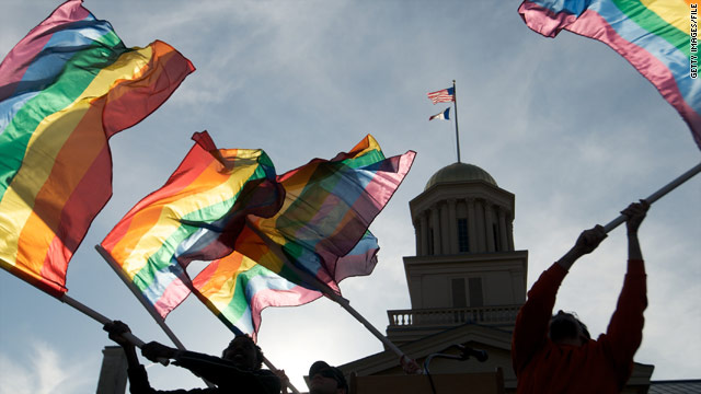 Gay, lesbian and transgender activists react to the Iowa Supreme Court's decision in April 2009 to make same-sex marriage legal.