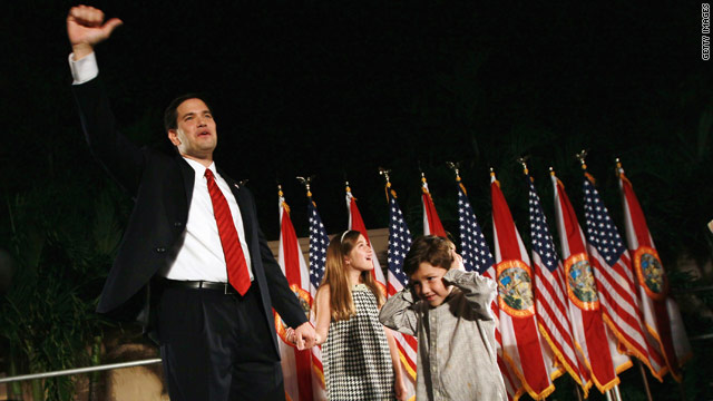 Tea Party favorite Marco Rubio celebrates winning a U.S. Senate seat in Coral Gables, Florida, on Tuesday.