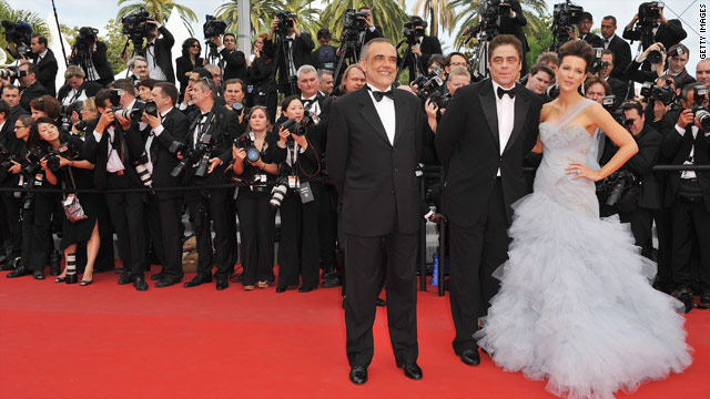 Cannes Film Festival jury members Alberto Barbera, Benecio Del Toro and Kate Beckinsale at the Palais des Festivals.