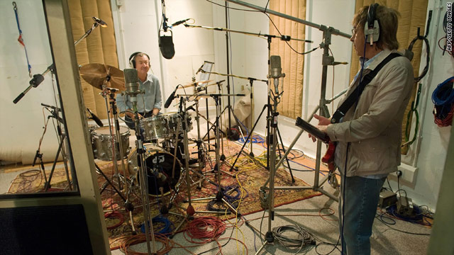 Pink Floyd drummer Nick Mason and former Rolling Stone Bill Wyman take part in a recording at Abbey Road in September.