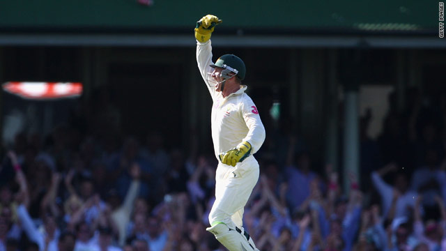 Australian wicketkeeper Brad Haddin celebrates the fall of another Pakistan wicket in Sydney.