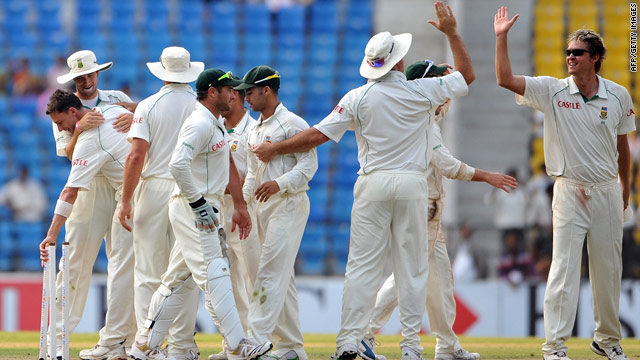 South Africa players celebrates securing a stunning innings victory over India in Nagpur.