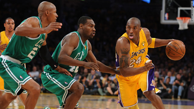 Los Angeles Lakers' Kobe Bryant shoots over Boston Celtics' Ray Allen in  Game 3 of the NBA finals at Staples Center in Los Angeles on June 10, 2008.  The Lakers defeated the