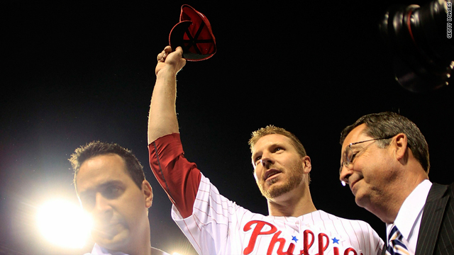 Roy Halladay #34 of the Philadelphia Phillies waves to the crowd after his no-hitter against the Cincinnati Reds Wednesday.