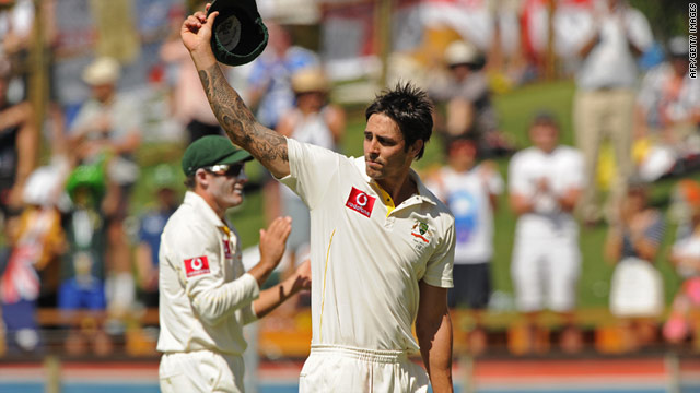 Bowler Mitchell Johnson helped Australia to a first innings lead on the second day of the third Ashes Test.