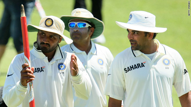 India's players celebrate their superb 87-run victory at Kingsmead in the second Test.