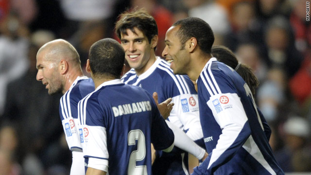 Star cast. Zidane, Dani Alves, Kaka and Henry share a moment in the charity match for Haiti.