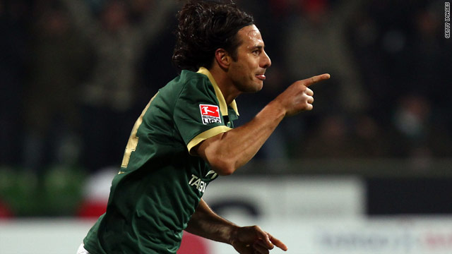 Claudio Pizarro celebrates scoring the winning goal in Werder Bremen's 2-1 victory over Hertha Berlin.