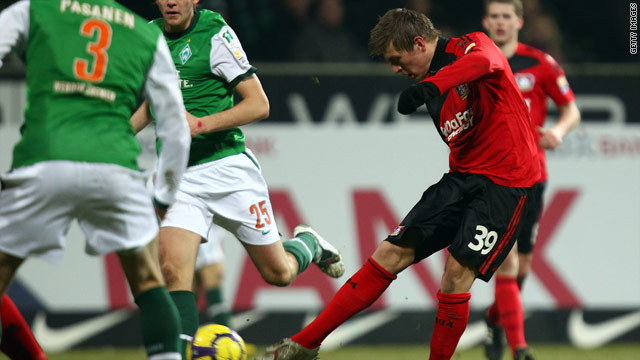 Tony Kloos blasts Bayer Leverkusen's second goal but they were held up by a late equalizer.
