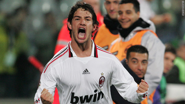 Alexandre Pato celebrates his late winner as AC Milan moved up to second place in the Serie A table.