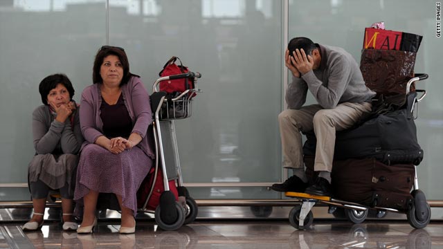Passengers wait at Barcelona's El Prat international airport, which was still closed on April 18.