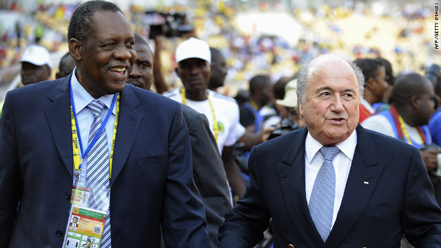 CAF president Issa Hayatou, left, and FIFA chief Sepp Blatter 
arrive for the African Nations Cup final in Angola on January 31.
