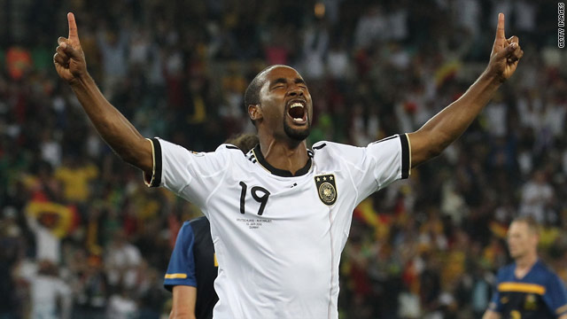 Germany striker Cacau celebrates scoring his team's fourth goal  against Australia in Durban.