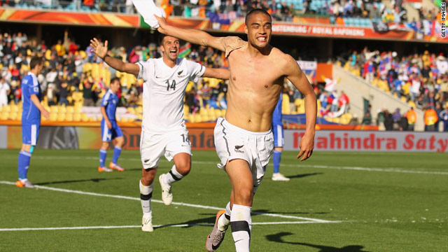 Winston Reid wheels away in delight after scoring New Zealand's late equalizer against Slovakia.