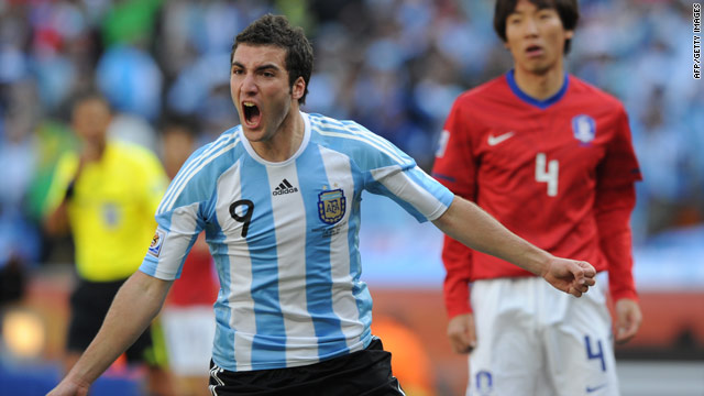 Gonzalo Higuain celebrates after scoring Argentina's second goal against South Korea in South Africa.