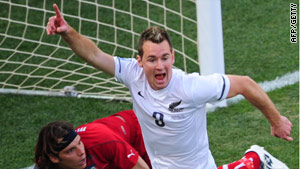 Shane Smeltz opens the scoring for New Zealand against Italy in the Group F World Cup match.