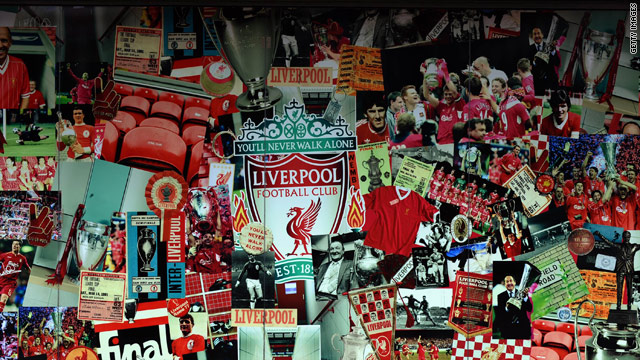 A display of Liverpool FC photographs at the Anfield club shop