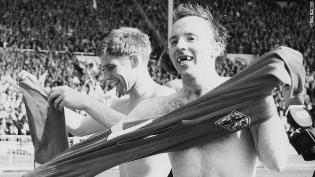 Alan Ball and Nobby Stiles, right, swap shirts following England's World Cup final win against West Germany in 1966.