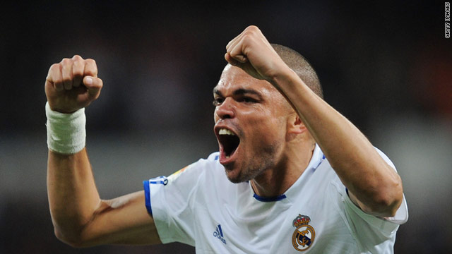 Pepe celebrates Real's second goal in the Bernabeu against Atletico.