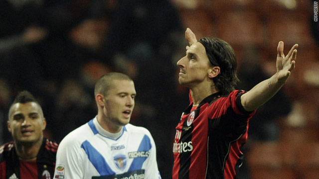 Zlatan Ibrahimovic celebrates his goal in traditional style as AC Milan beat Brescia 3-0.