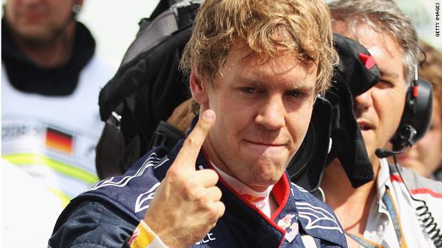 Sebastian Vettel signals his starting position for Sunday's race at Hockenheim.