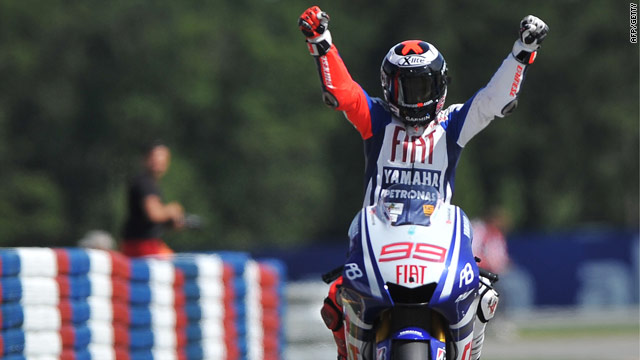 Lorenzo celebrates his seventh win of the season as he leads the title race.