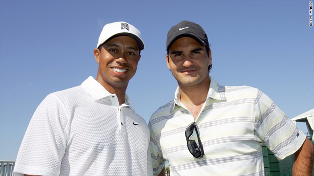In happier times. Woods and Federer share a moment together at a golf tournament.
