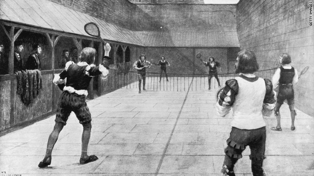 An illustration of a game of Real Tennis being played during the time of King Henry VII, circa 1500.