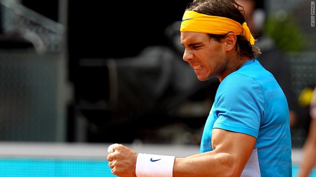Rafael Nadal celebrates his straight sets victory over Gael Monfils at the Madrid Masters.
