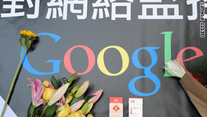 A banner left on a sidewalk in Hong Kong on Thursday wishes Google well.