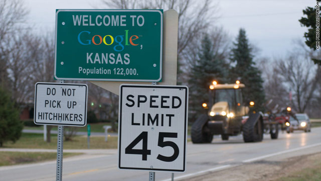 A CNN photo illustration welcomes travelers to Topeka, which changed its name temporarily to attract a Google project.
